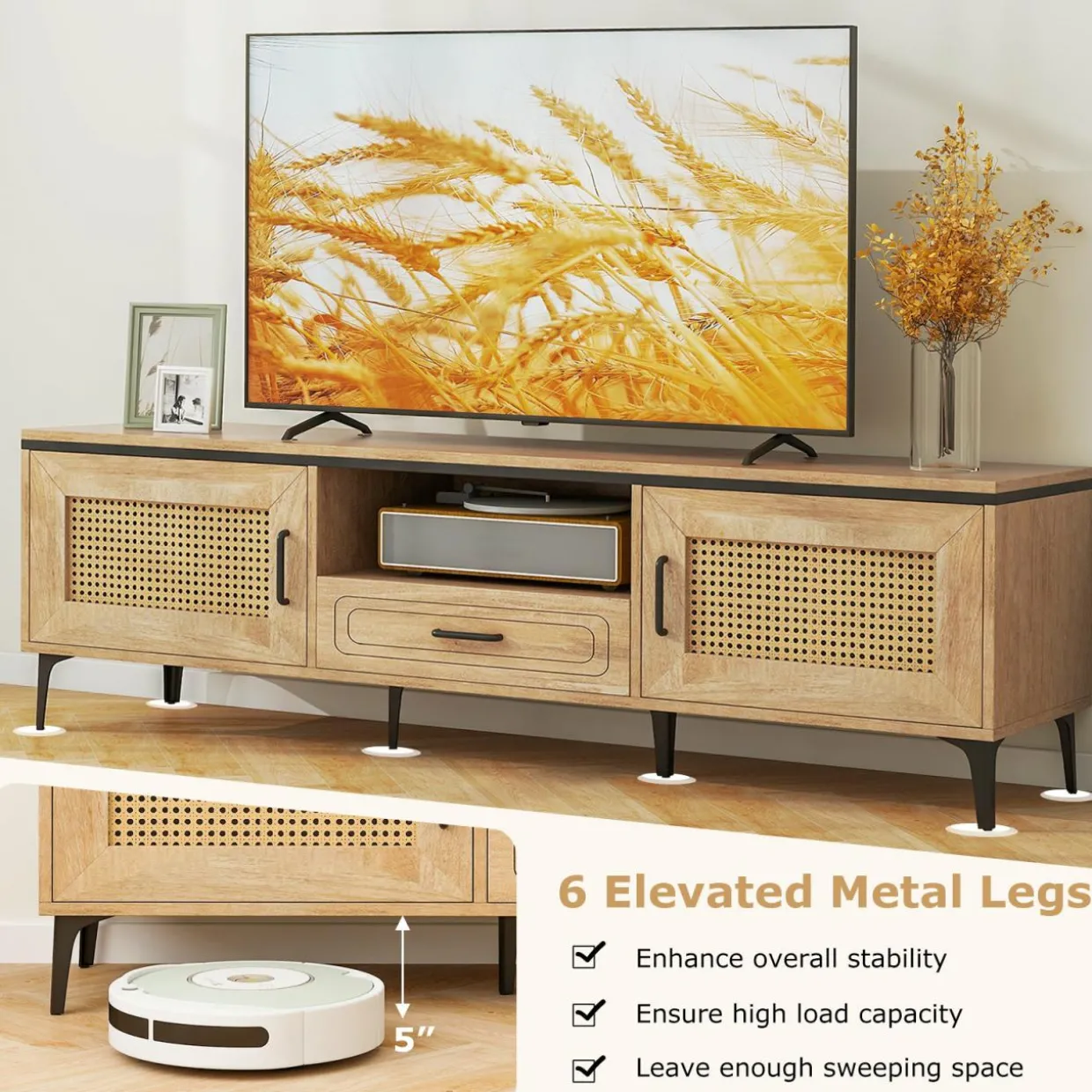 Tangkula Boho TV Stand for 65 Inch TVs, Mid Century Modern Media Entertainment Center with Drawer