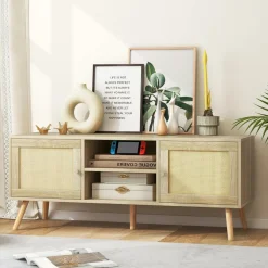 Tangkula Boho TV Stand for TVs up to 55”, PE Rattan Media Console Table with 2 Cabinets & Open Shelves