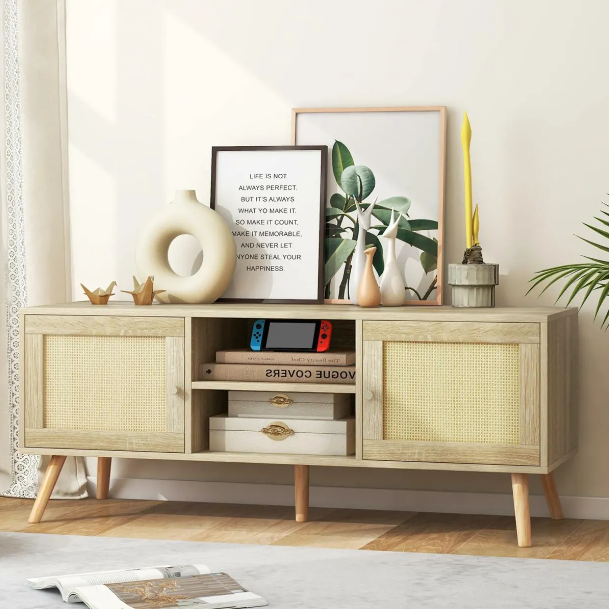 Tangkula Boho TV Stand for TVs up to 55”, PE Rattan Media Console Table with 2 Cabinets & Open Shelves