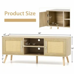 Tangkula Boho TV Stand for TVs up to 55”, PE Rattan Media Console Table with 2 Cabinets & Open Shelves