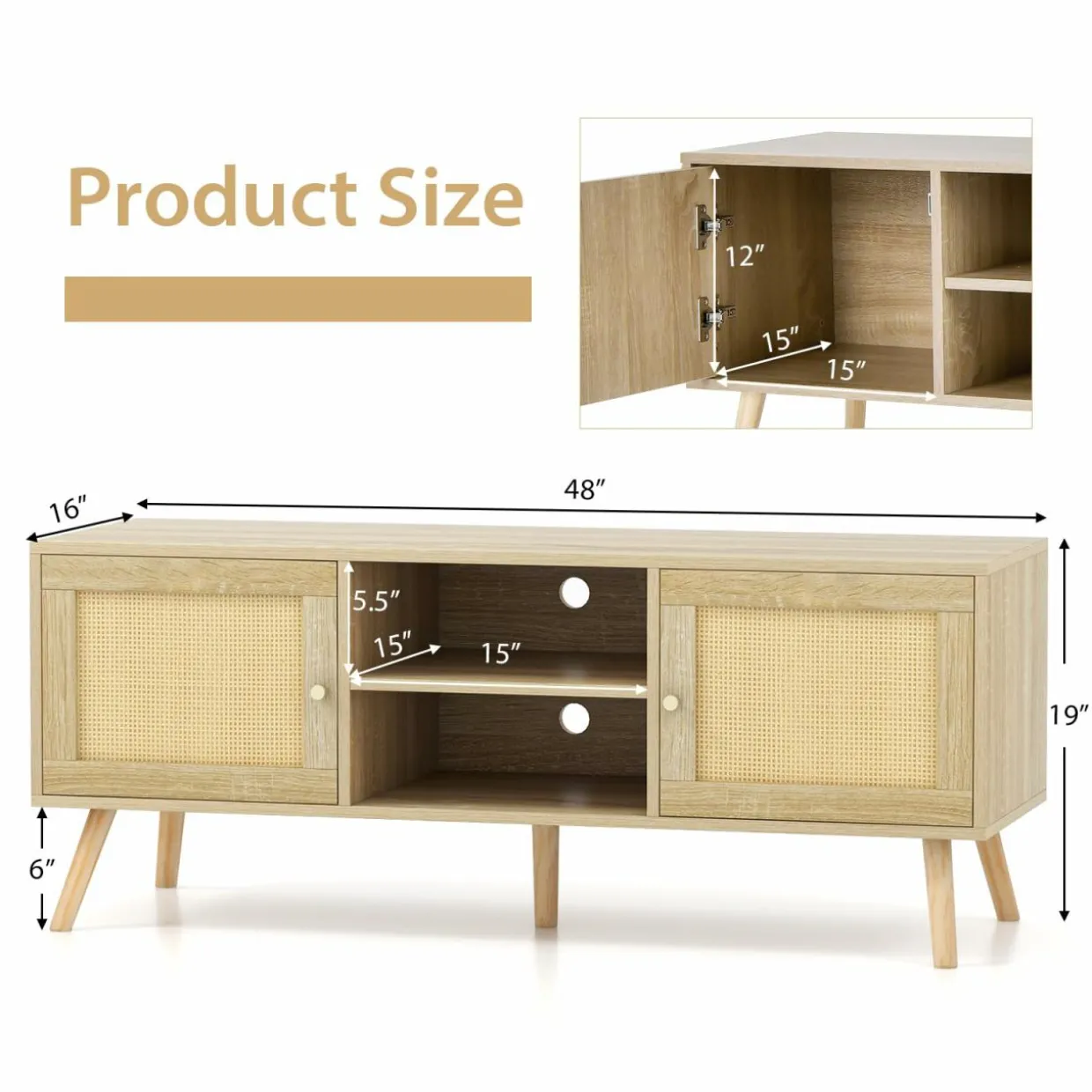 Tangkula Boho TV Stand for TVs up to 55”, PE Rattan Media Console Table with 2 Cabinets & Open Shelves