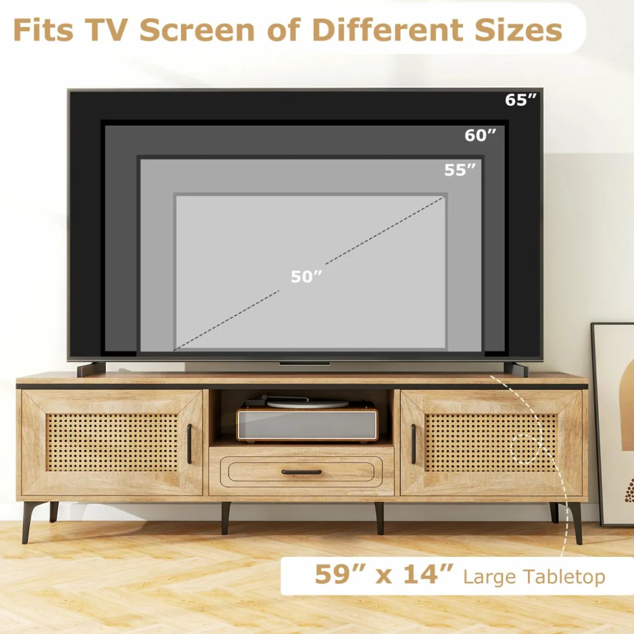 Tangkula Boho TV Stand for 65 Inch TVs, Mid Century Modern Media Entertainment Center with Drawer