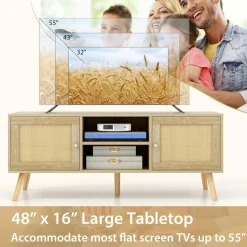 Tangkula Boho TV Stand for TVs up to 55”, PE Rattan Media Console Table with 2 Cabinets & Open Shelves