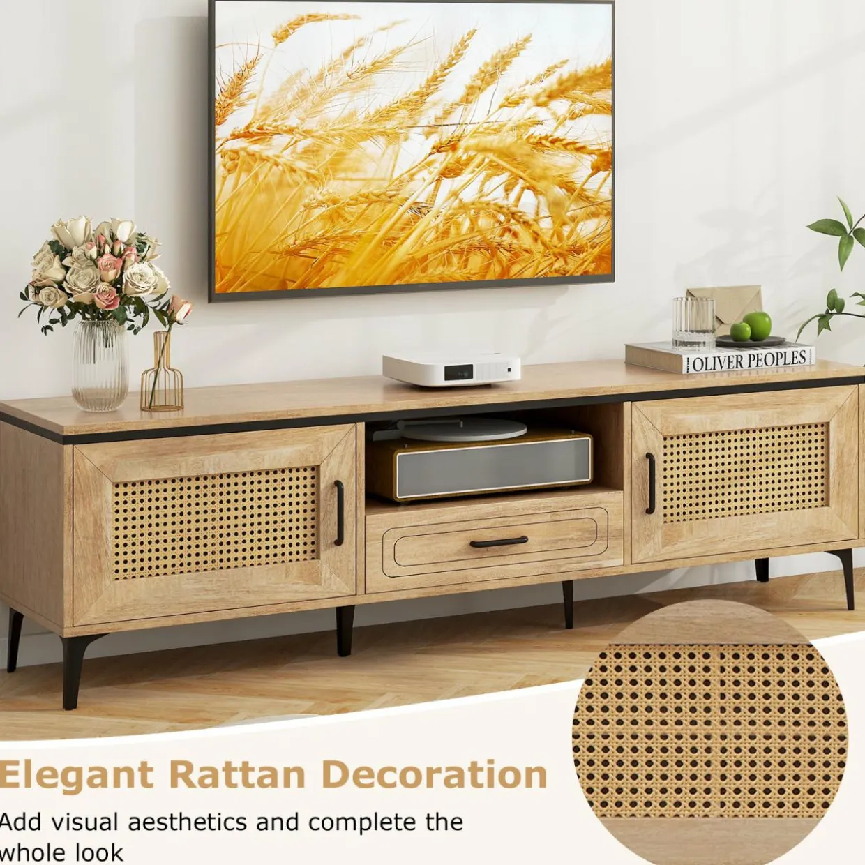 Tangkula Boho TV Stand for 65 Inch TVs, Mid Century Modern Media Entertainment Center with Drawer