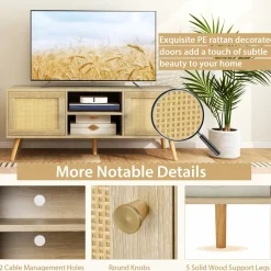 Tangkula Boho TV Stand for TVs up to 55”, PE Rattan Media Console Table with 2 Cabinets & Open Shelves