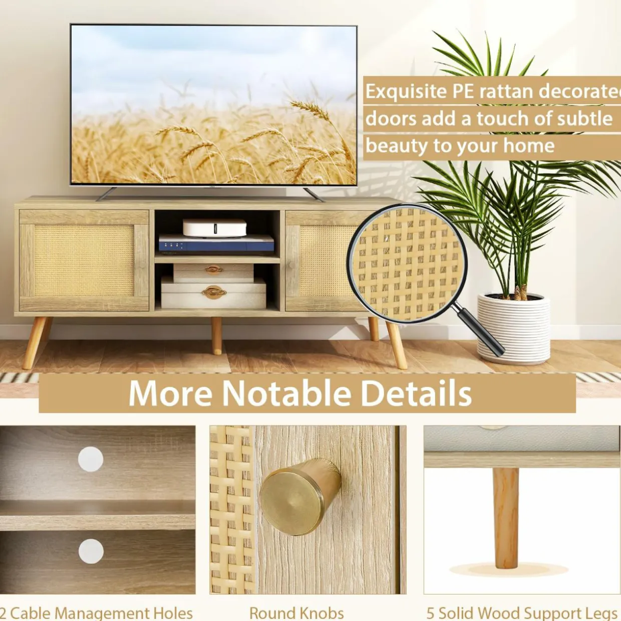 Tangkula Boho TV Stand for TVs up to 55”, PE Rattan Media Console Table with 2 Cabinets & Open Shelves