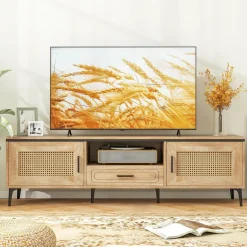 Tangkula Boho TV Stand for 65 Inch TVs, Mid Century Modern Media Entertainment Center with Drawer