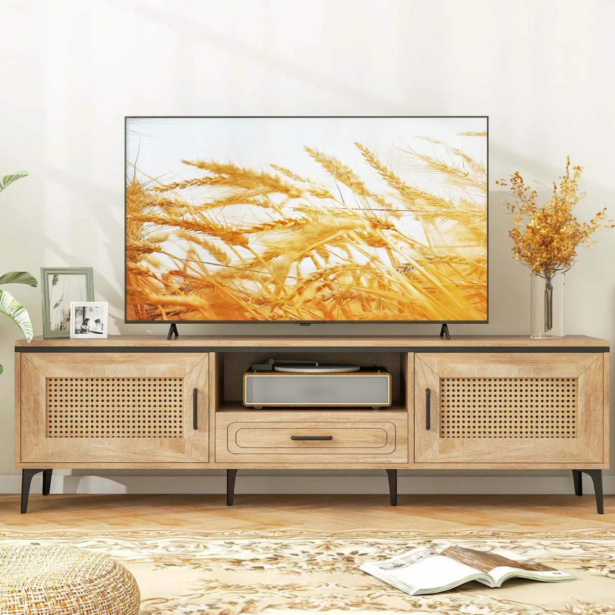 Tangkula Boho TV Stand for 65 Inch TVs, Mid Century Modern Media Entertainment Center with Drawer