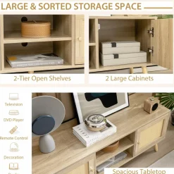 Tangkula Boho TV Stand for TVs up to 55”, PE Rattan Media Console Table with 2 Cabinets & Open Shelves