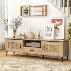 Tangkula Boho TV Stand for 65 Inch TVs, Mid Century Modern Media Entertainment Center with Drawer