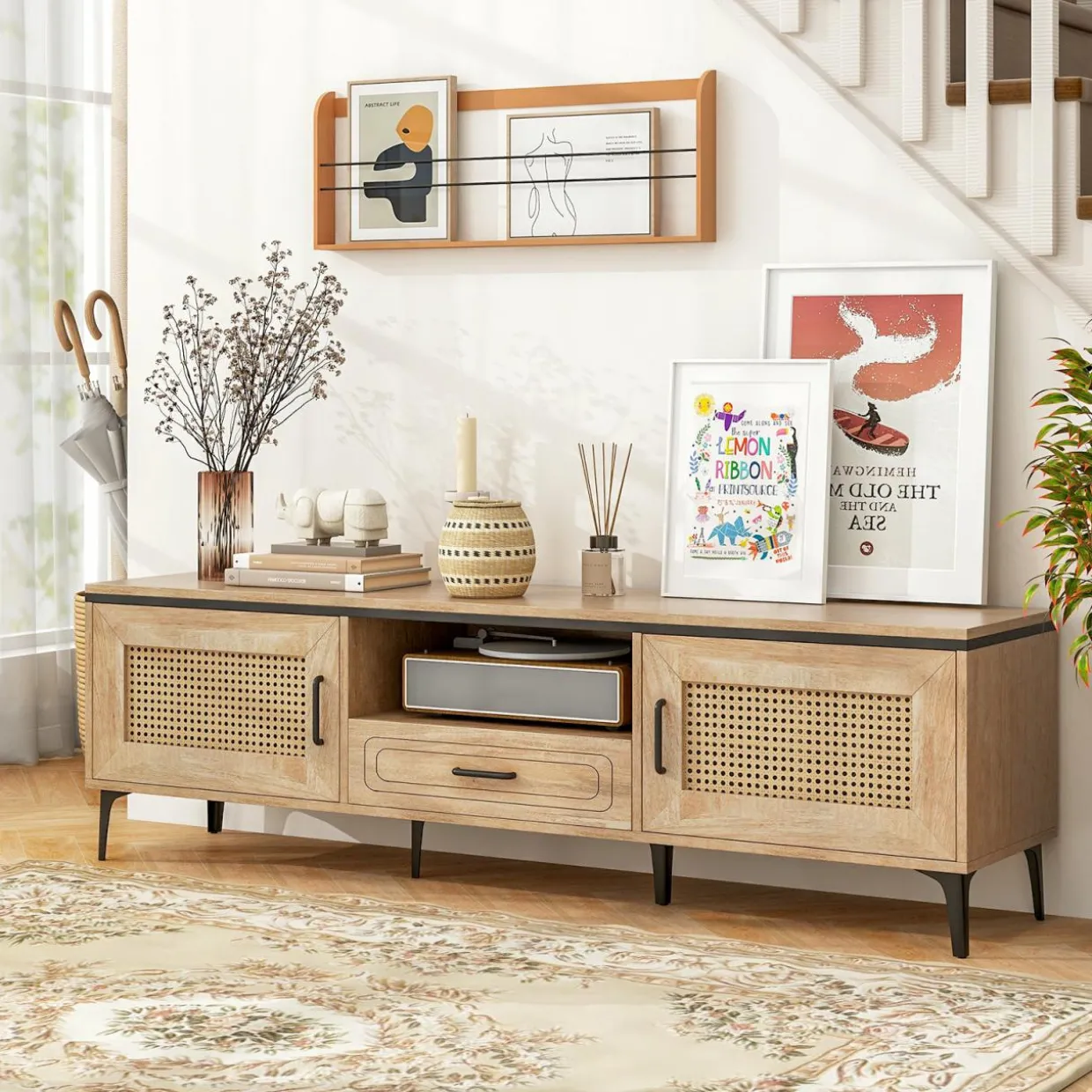 Tangkula Boho TV Stand for 65 Inch TVs, Mid Century Modern Media Entertainment Center with Drawer