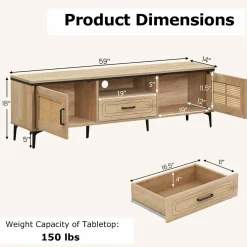 Tangkula Boho TV Stand for 65 Inch TVs, Mid Century Modern Media Entertainment Center with Drawer