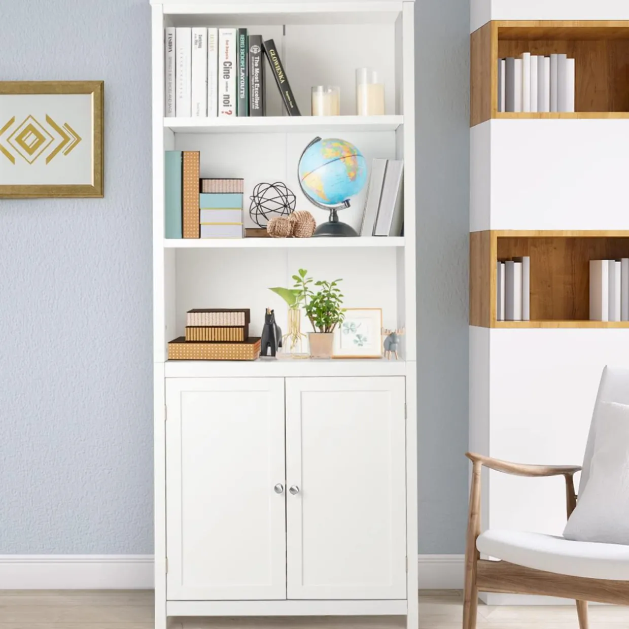 Tangkula Bookcase with Doors, 3 Tier Open Book Shelving