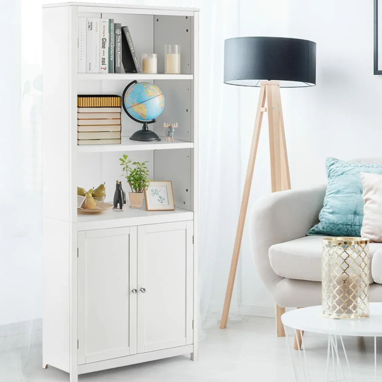 Tangkula Bookcase with Doors, 3 Tier Open Book Shelving