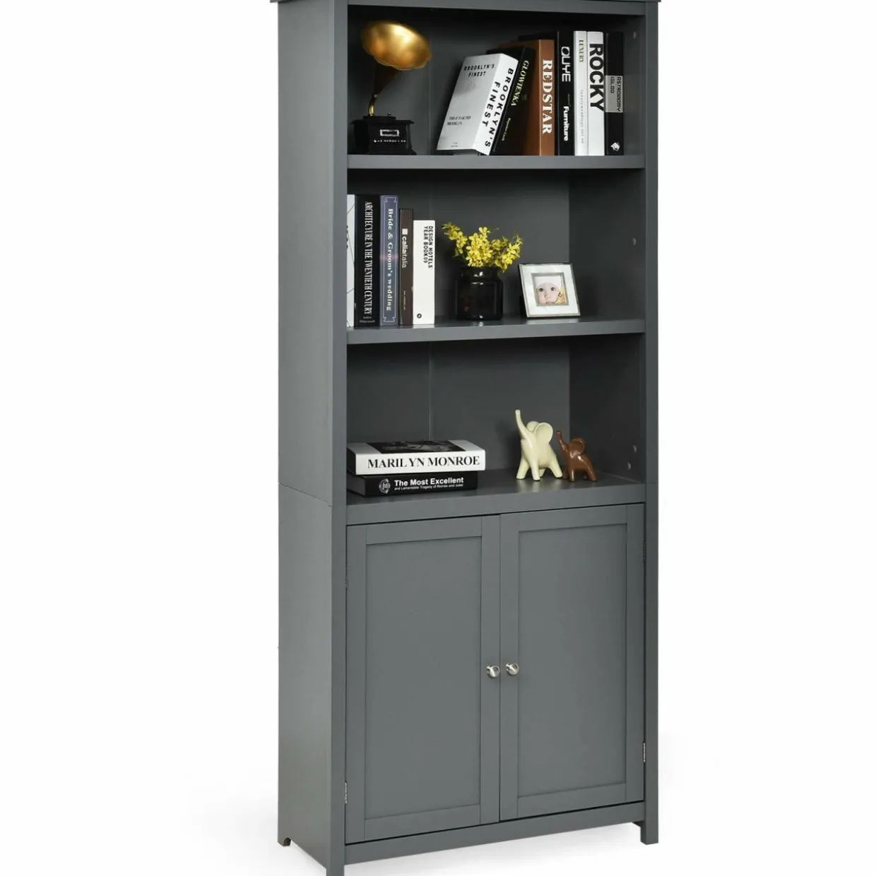 Tangkula Bookcase with Doors, 3 Tier Open Book Shelving
