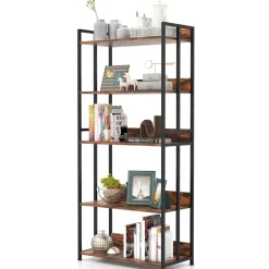 Tangkula Bookshelf, 5 Tier Industrial Book Shelf with Adjustable Shelves and Metal Frame