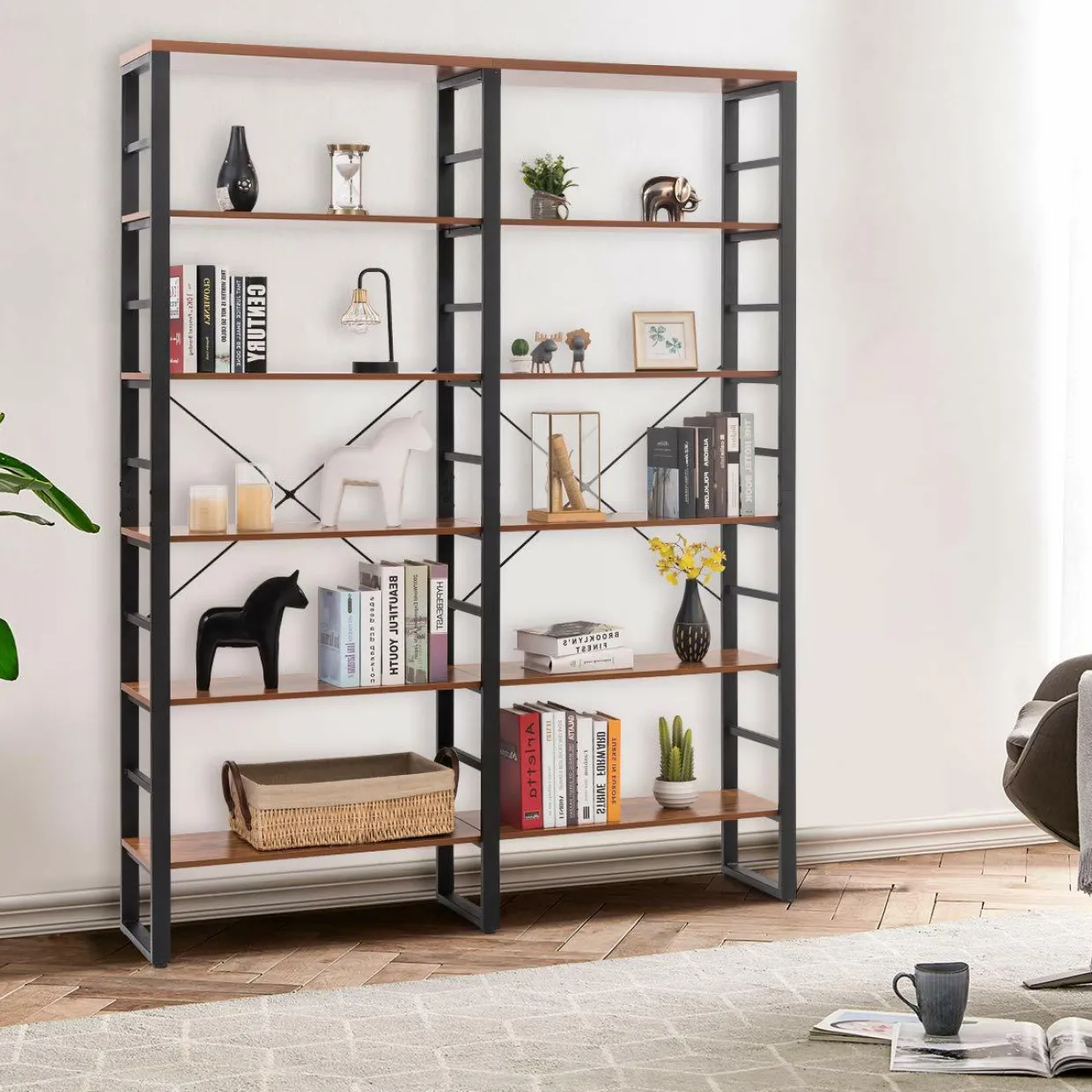 Tangkula Bookshelves and Bookcases, 80 Inch Double Wide 6 Tier Bookshelf (60" L x 13.5" W x 80" H)