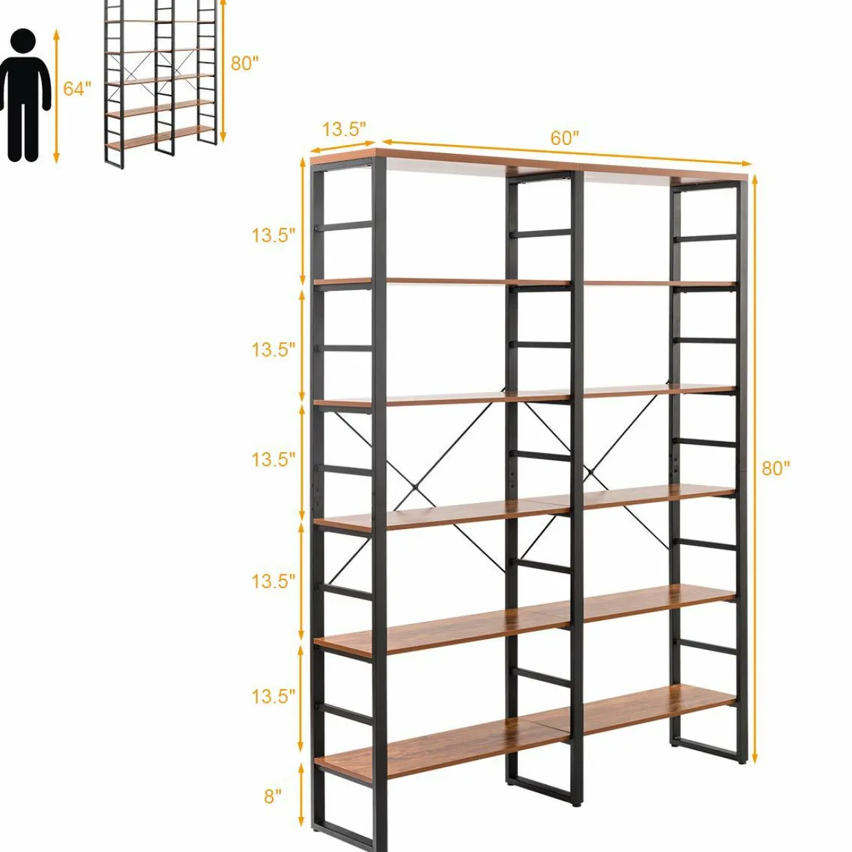 Tangkula Bookshelves and Bookcases, 80 Inch Double Wide 6 Tier Bookshelf (60" L x 13.5" W x 80" H)