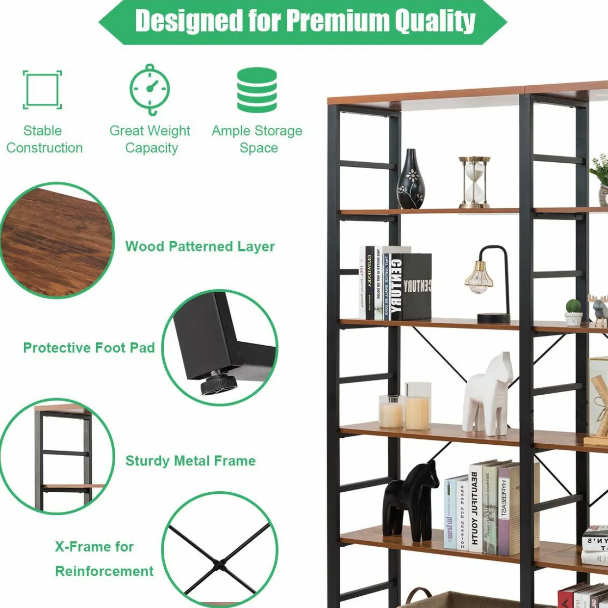 Tangkula Bookshelves and Bookcases, 80 Inch Double Wide 6 Tier Bookshelf (60" L x 13.5" W x 80" H)