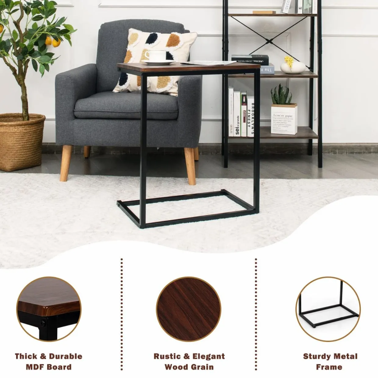 Tangkula C Shaped Side Table, Vintage Couch Table Sofa Side Table for Coffee Snack Laptop