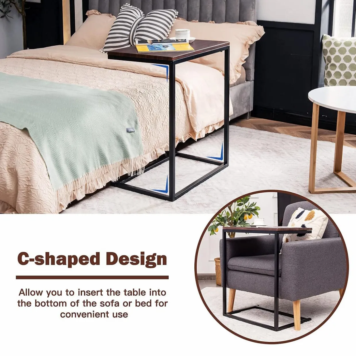 Tangkula C Shaped Side Table, Vintage Couch Table Sofa Side Table for Coffee Snack Laptop