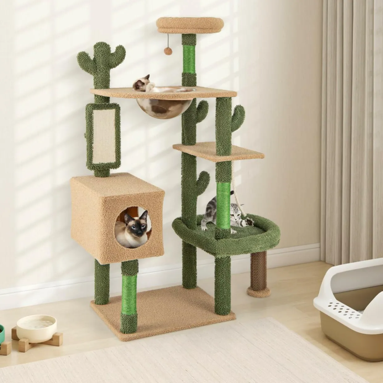 Tangkula Cactus Cat Tree, 59 Inch Tall Cat Tower with Sisal Scratching Posts