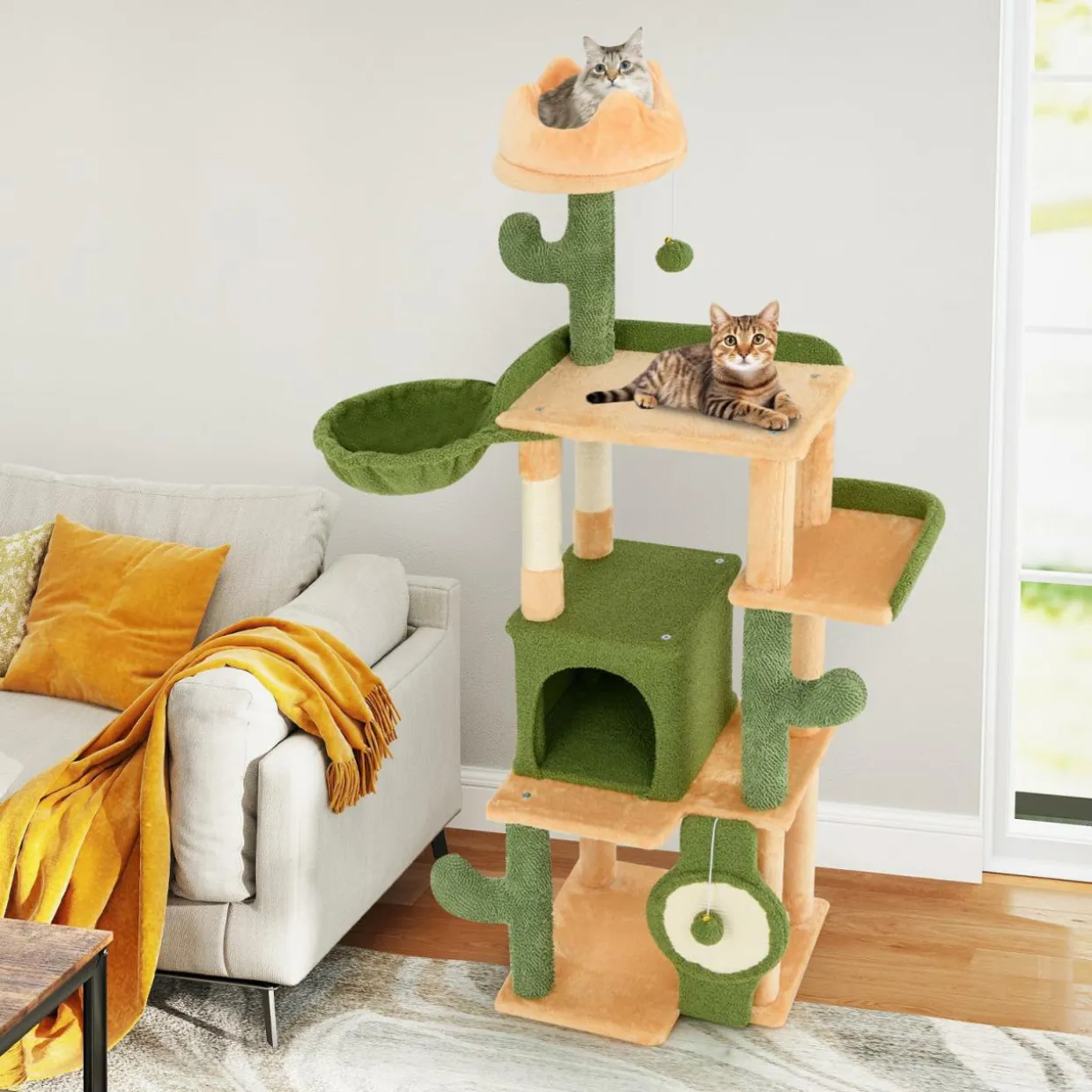 Tangkula Cactus Cat Tree, 63 Inch Multi-Level Tall Cat Tower with Sisal Scratching Posts & Board
