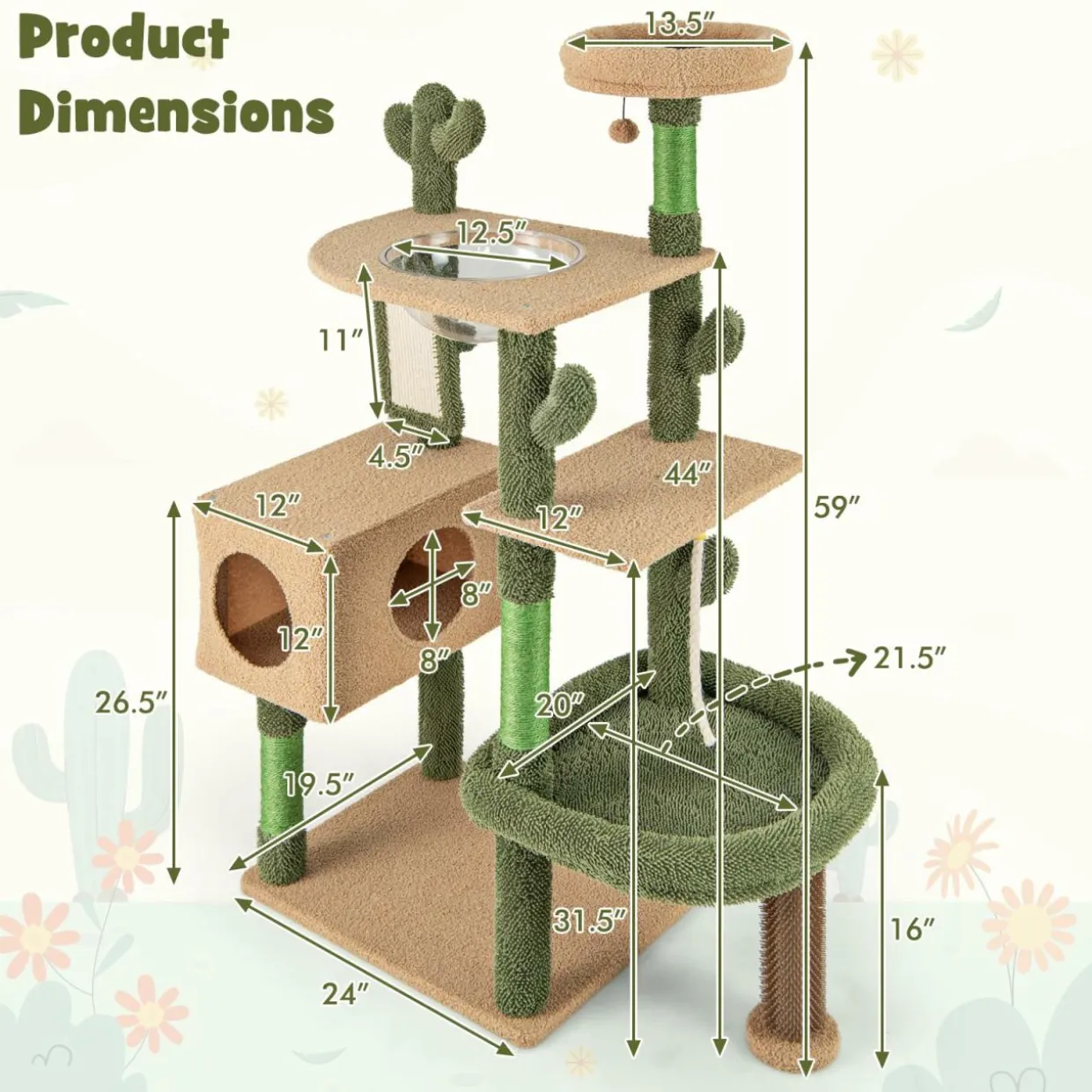 Tangkula Cactus Cat Tree, 59 Inch Tall Cat Tower with Sisal Scratching Posts