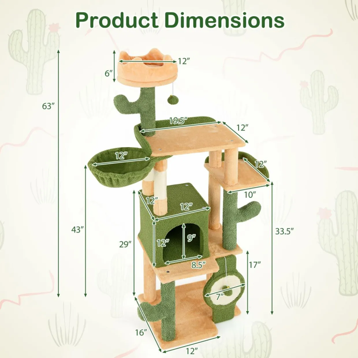 Tangkula Cactus Cat Tree, 63 Inch Multi-Level Tall Cat Tower with Sisal Scratching Posts & Board