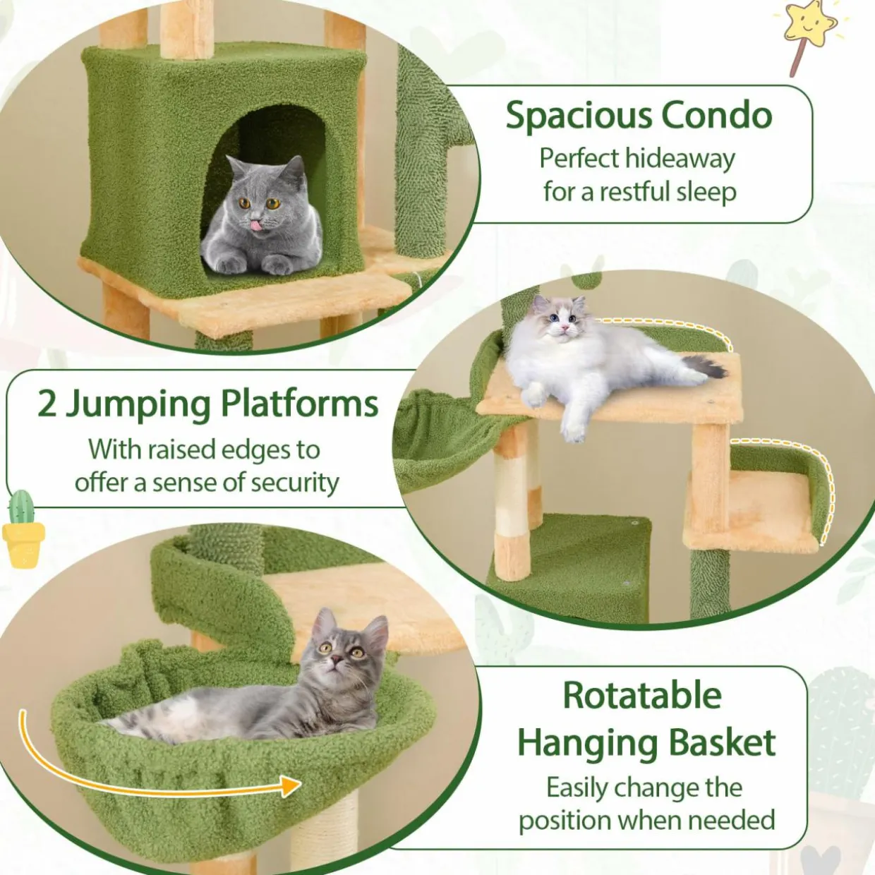 Tangkula Cactus Cat Tree, 63 Inch Multi-Level Tall Cat Tower with Sisal Scratching Posts & Board