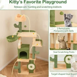 Tangkula Cactus Cat Tree, 63 Inch Multi-Level Tall Cat Tower with Sisal Scratching Posts & Board