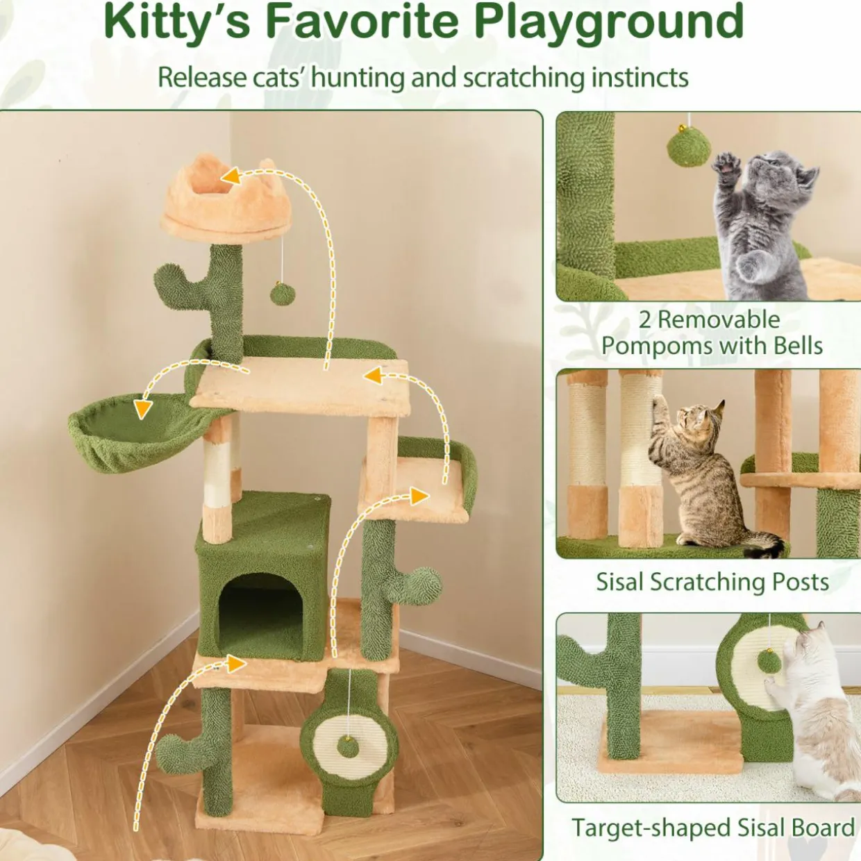 Tangkula Cactus Cat Tree, 63 Inch Multi-Level Tall Cat Tower with Sisal Scratching Posts & Board