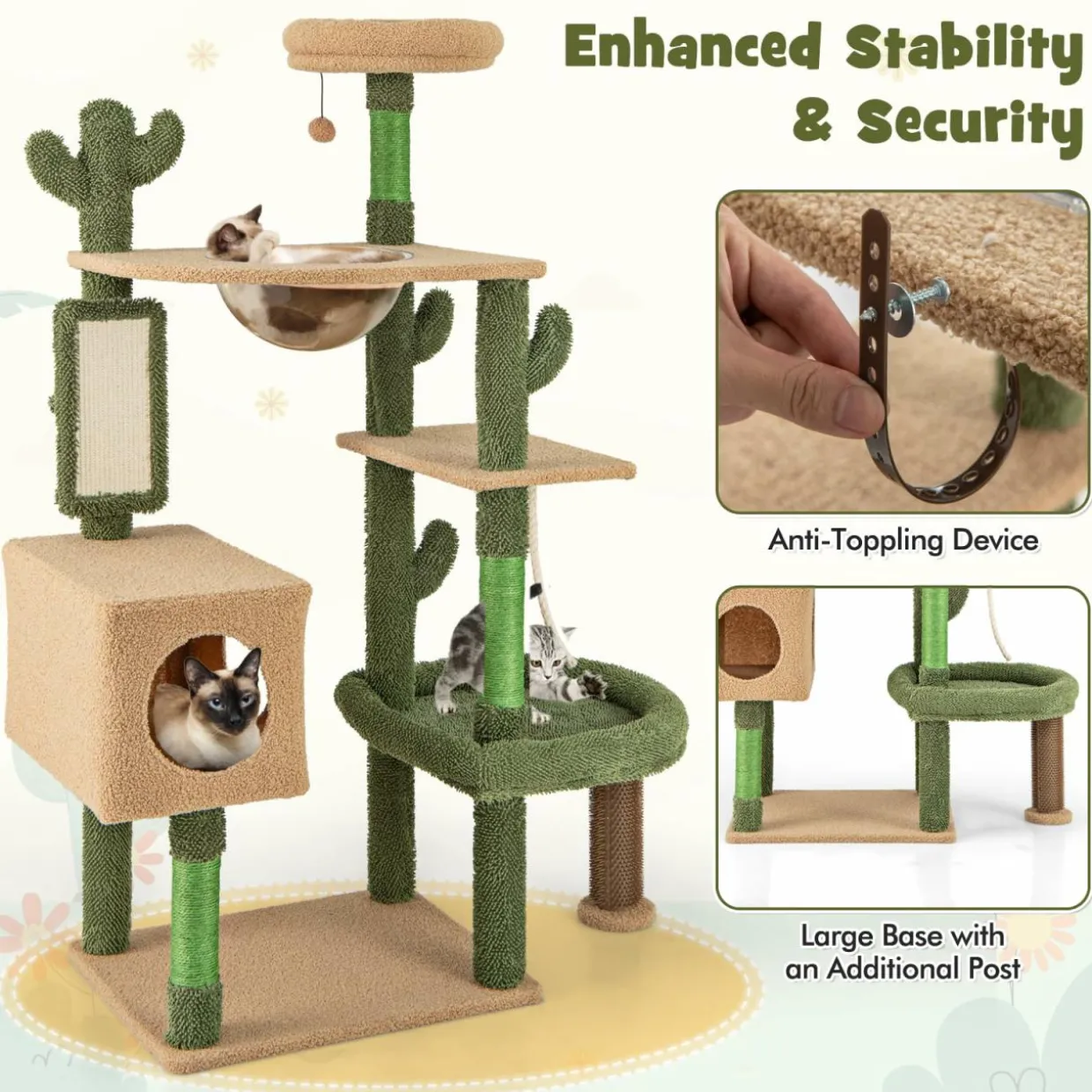 Tangkula Cactus Cat Tree, 59 Inch Tall Cat Tower with Sisal Scratching Posts
