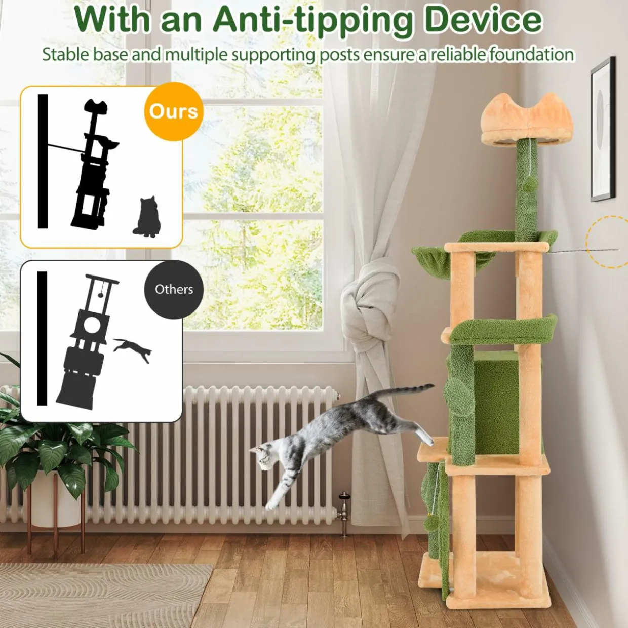 Tangkula Cactus Cat Tree, 63 Inch Multi-Level Tall Cat Tower with Sisal Scratching Posts & Board