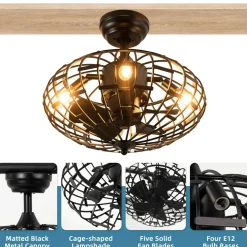 Tangkula Caged Ceiling Fan with Light, Enclosed Ceiling Fan with 5 Blades, 3 Wind Speed, Remote Control, 4 x E12 Base (No Bulb)