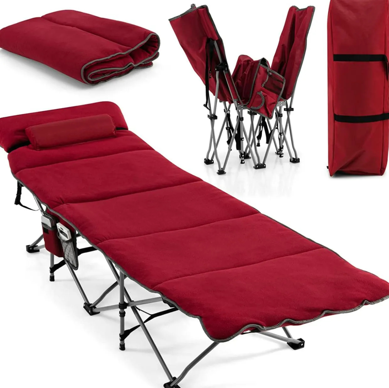 Tangkula Camping Cot for Adults, Folding Sleeping Cot with Removable Mattress, Pillow, Side Pocket