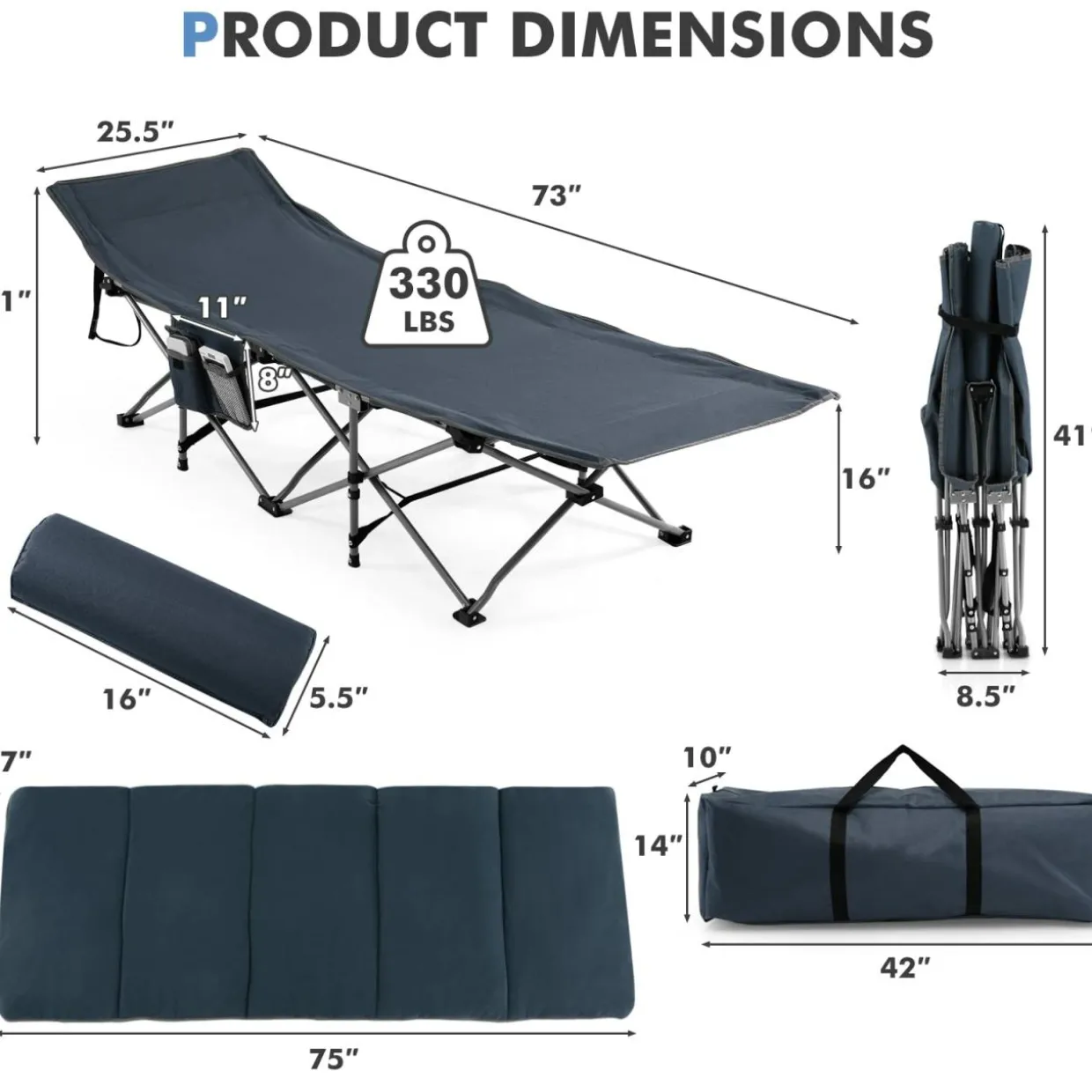 Tangkula Camping Cot for Adults, Folding Sleeping Cot with Removable Mattress, Pillow, Side Pocket