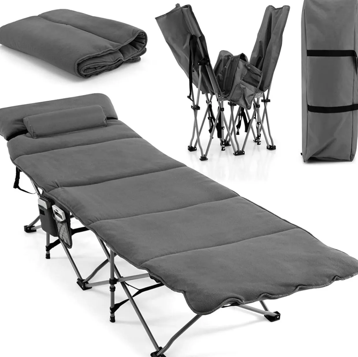 Tangkula Camping Cot for Adults, Folding Sleeping Cot with Removable Mattress, Pillow, Side Pocket