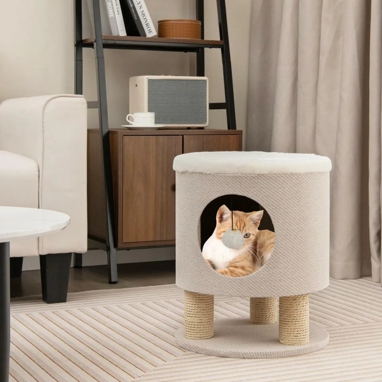 Tangkula Cat Condo Stool for Indoor Cats, Pet House Ottoman & Kitty Bed with Scratching Posts & Plush Ball Toy