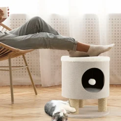 Tangkula Cat Condo Stool for Indoor Cats, Pet House Ottoman & Kitty Bed with Scratching Posts & Plush Ball Toy