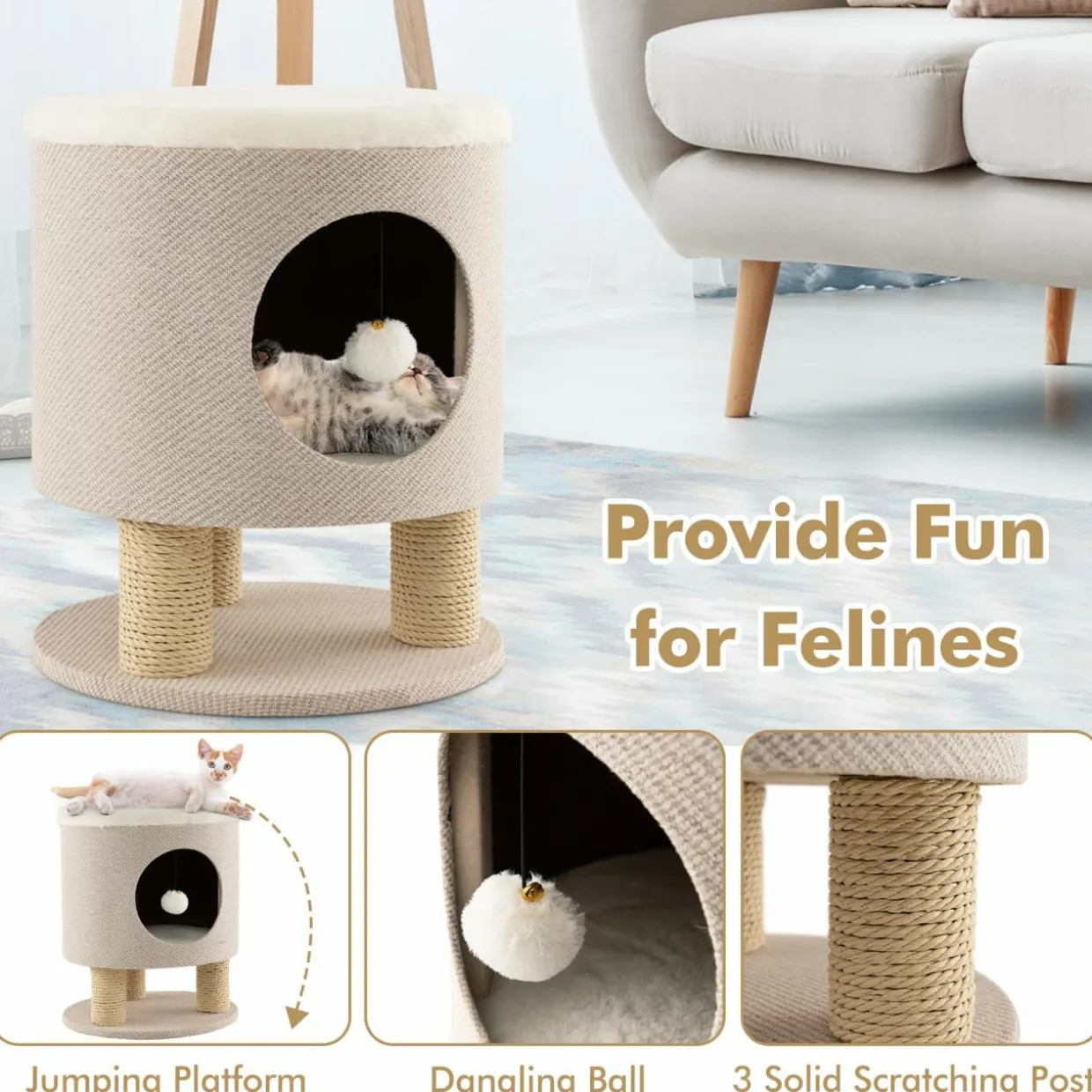Tangkula Cat Condo Stool for Indoor Cats, Pet House Ottoman & Kitty Bed with Scratching Posts & Plush Ball Toy