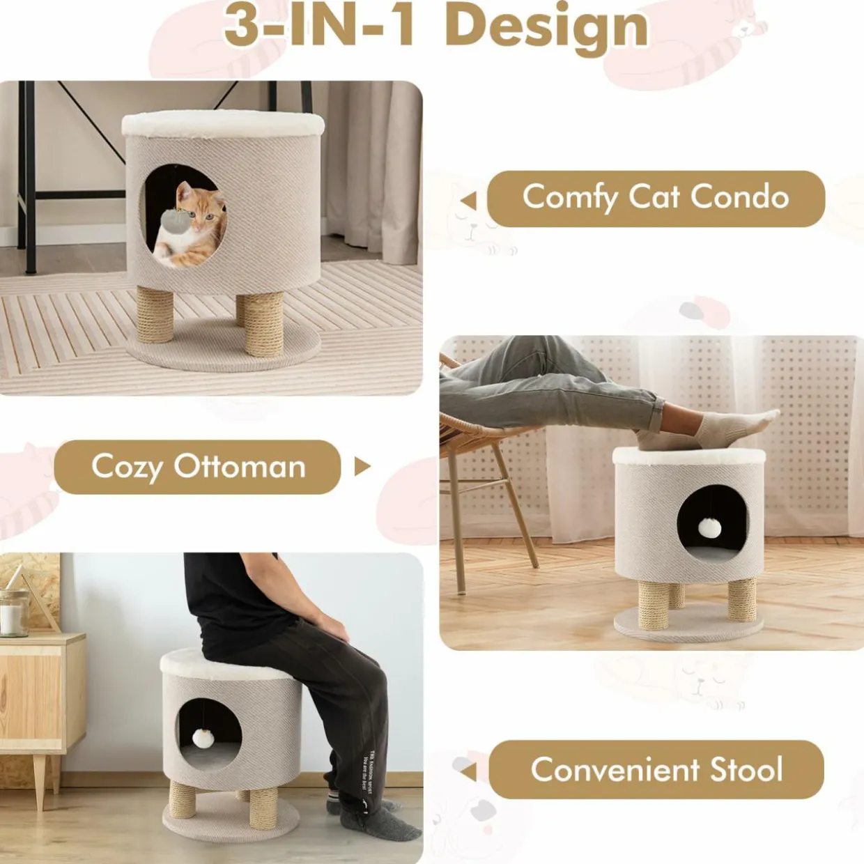 Tangkula Cat Condo Stool for Indoor Cats, Pet House Ottoman & Kitty Bed with Scratching Posts & Plush Ball Toy