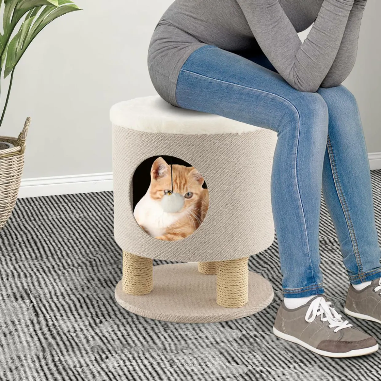 Tangkula Cat Condo Stool for Indoor Cats, Pet House Ottoman & Kitty Bed with Scratching Posts & Plush Ball Toy