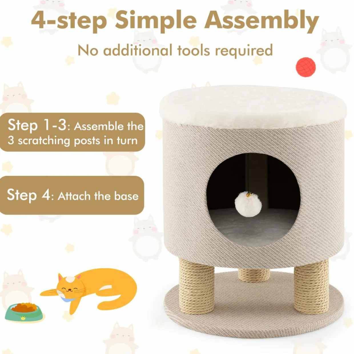 Tangkula Cat Condo Stool for Indoor Cats, Pet House Ottoman & Kitty Bed with Scratching Posts & Plush Ball Toy