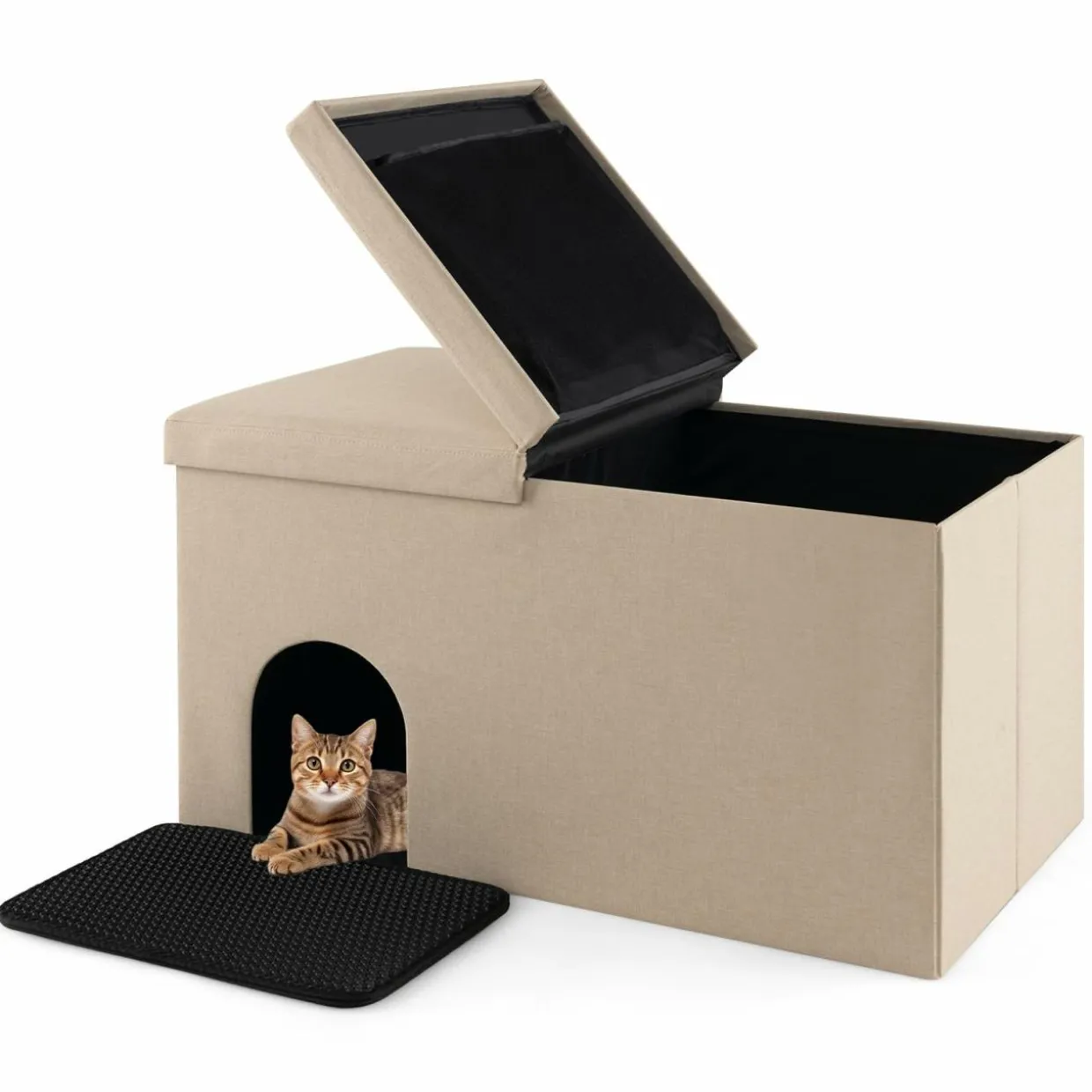 Tangkula Cat Litter Box Enclosure, Hidden Litter Box Furniture Ottoman with Urine Proof Litter Mat