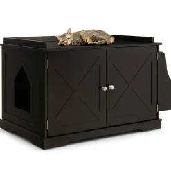 Tangkula Cat Litter Box Enclosure, Wooden Cat House Side Table w/Removable Divider