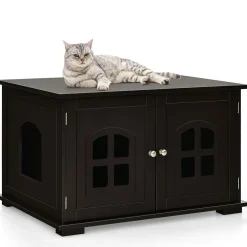 Tangkula Cat Litter Box Enclosure, Nightstand Cat House w/Double Doors & Windows