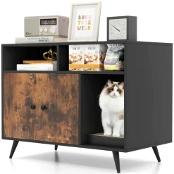 Tangkula Cat Litter Box Enclosure, Hidden Cat Washroom Furniture with Double Door Cabinet