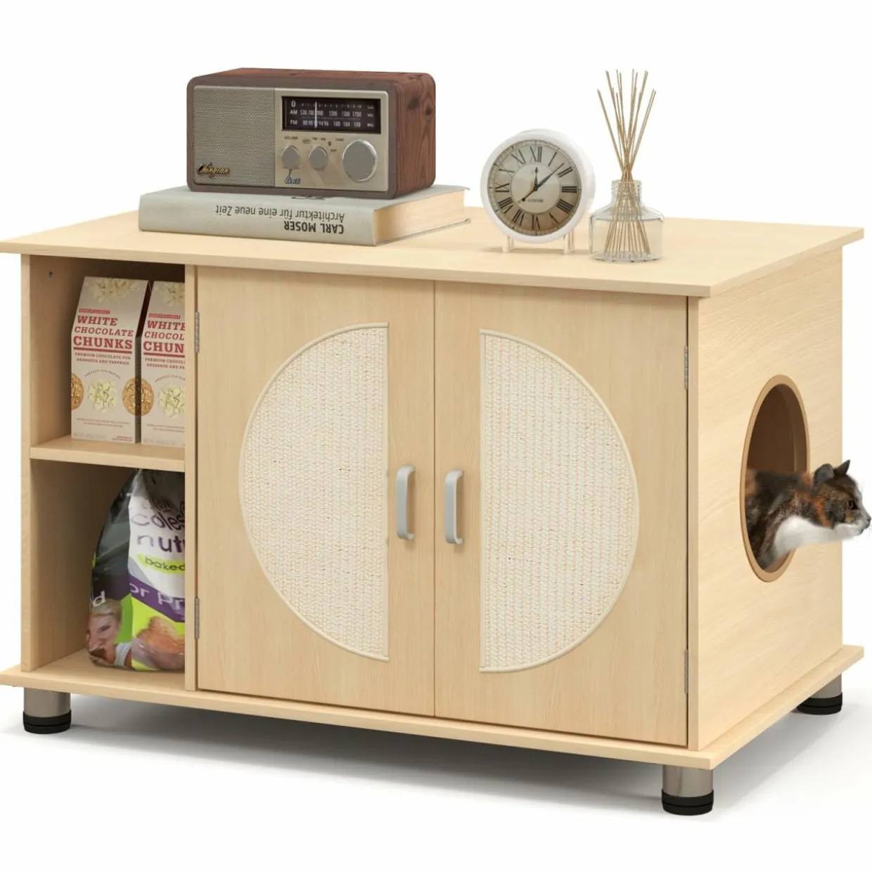 Tangkula Cat Litter Box Enclosure, Hidden Cat Washroom with Storage Shelf, Sisal Scratching Doors