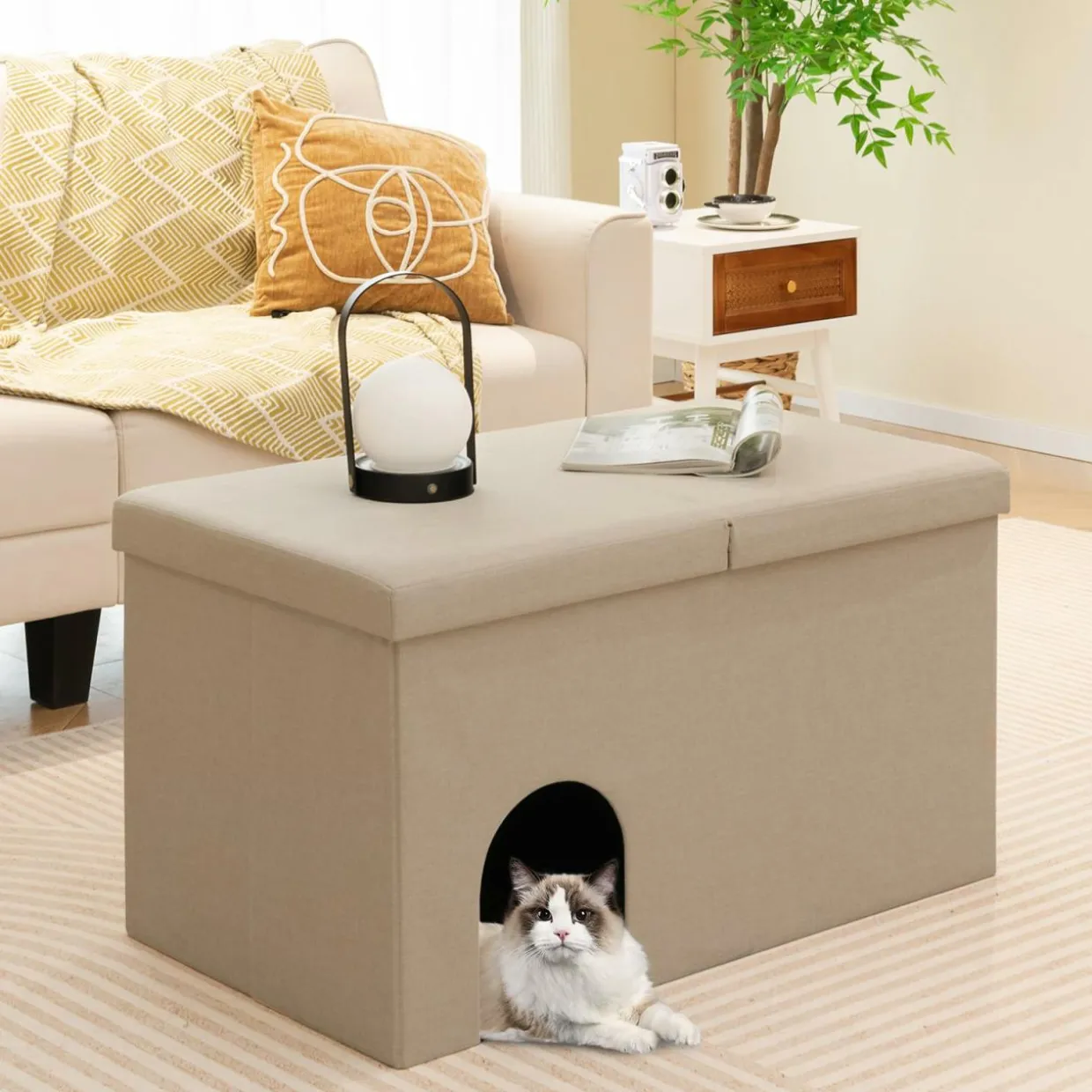 Tangkula Cat Litter Box Enclosure, Hidden Litter Box Furniture Ottoman with Urine Proof Litter Mat